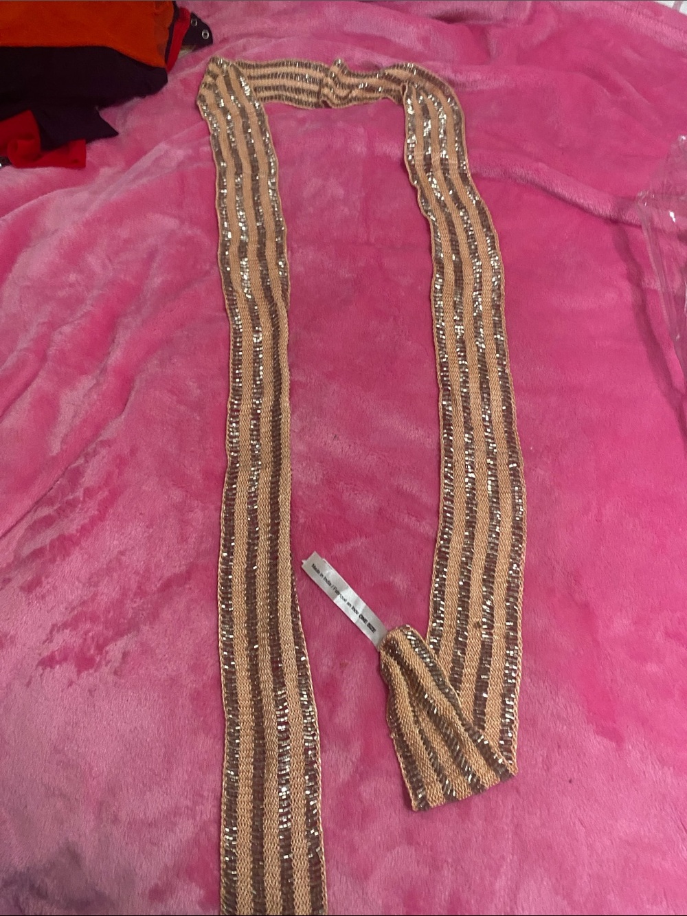 Sequin-Trim Beige Striped Knit Scarf